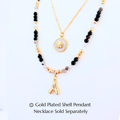 Black & Montana Agate Natural Gemstone Necklace Customizable Bubble Letter Pendant Initial Charm Gemstone Necklace