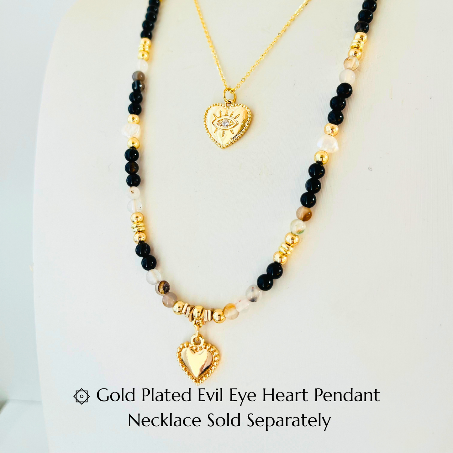 Black & Montana Agate Natural Gemstone Necklace | Gold Plated Heart & Nugget Pearls Gemstone Necklace