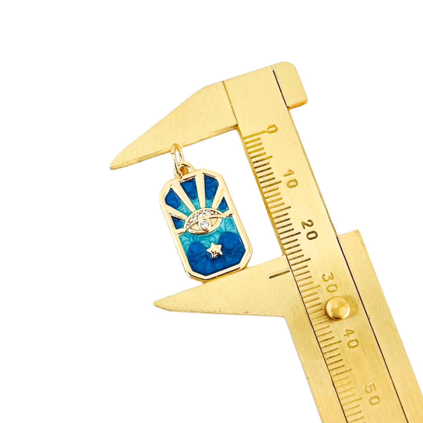 Blue Enamel Evil Eye Star Gold Plated Pendant on a gold caliper against a white background
