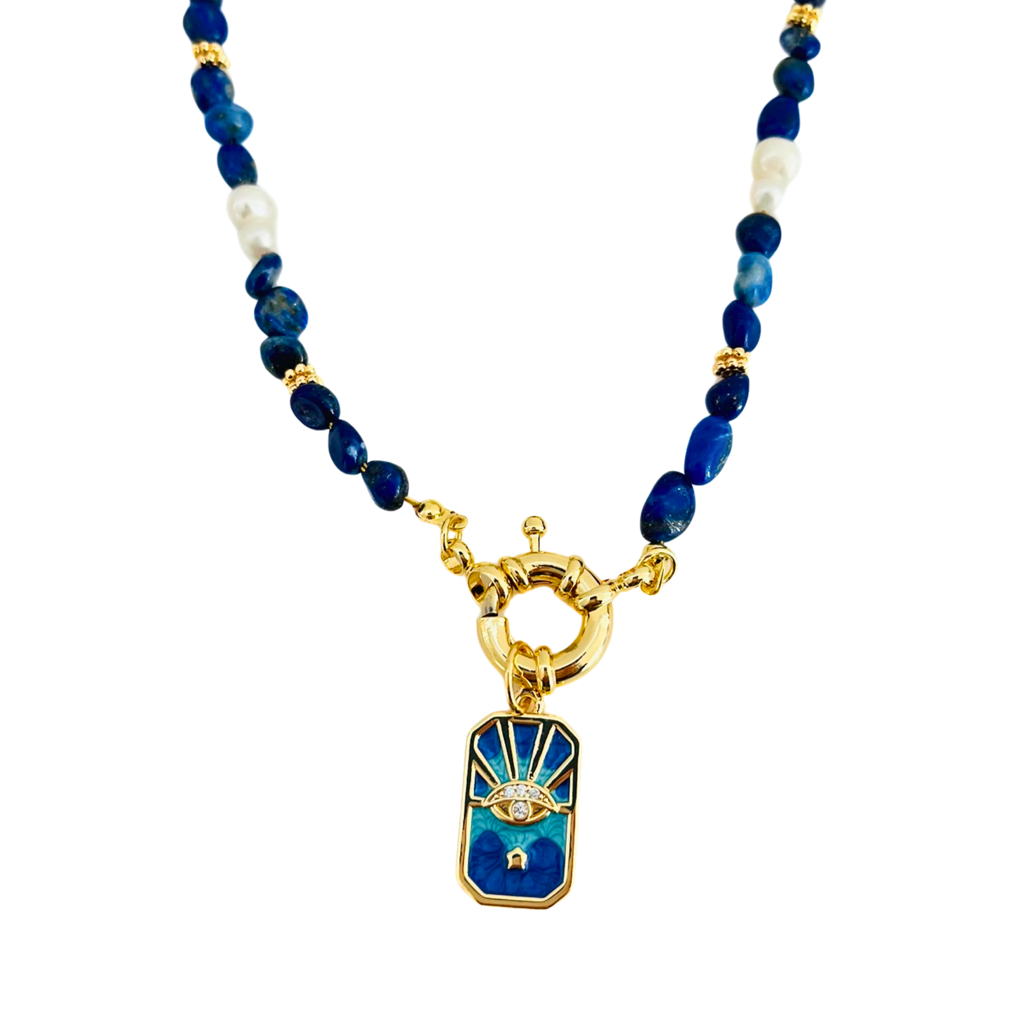 Lapis Lazuli Gemstone Necklace with  Blue Enamel Evil Eye Star Gold Plated Pendant on a white background