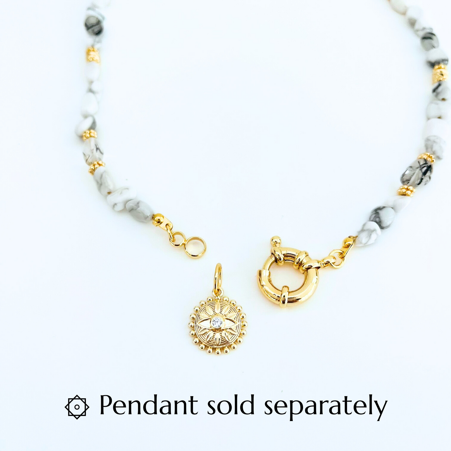 natural Howlite Gemtsone Necklace with gold plated bolt clasp and pendant on a white background, with text 'Pendant sold separately'.