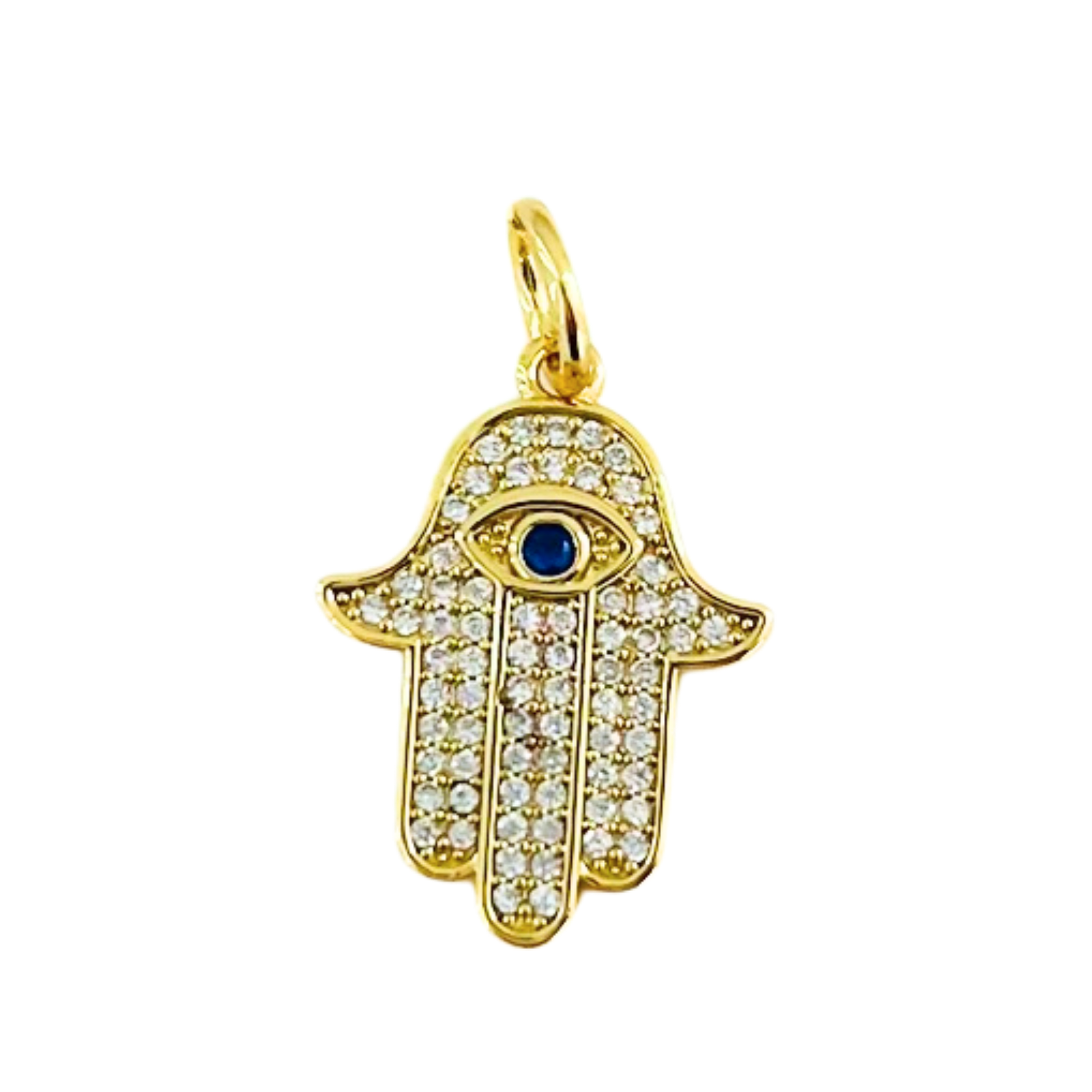 CZ Hamsa Hand Blue CZ Evil Eye Pendant  on a white background