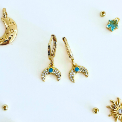 CZ Moon Gold Plated Huggie Hoops earrings on a white background