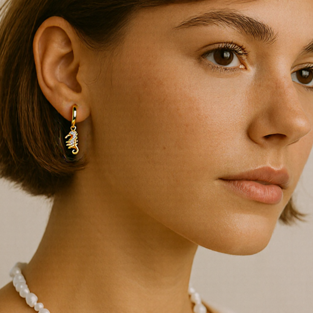 Close-up of a woman wearing Seahorse Gold Plated Chunky Huggie Hoop Earrings with a neutral background