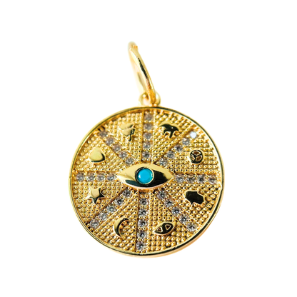 CZ Turquoise Evil Eye Symbols Round Pendant on a white background