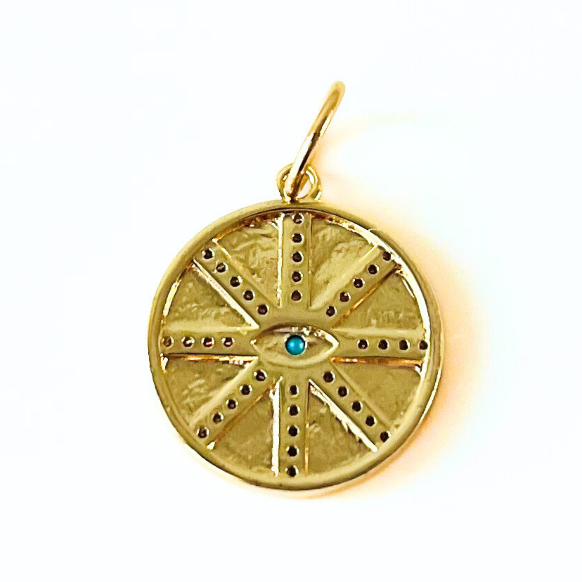 CZ Turquoise Evil Eye Symbols Round Pendant back on a white background