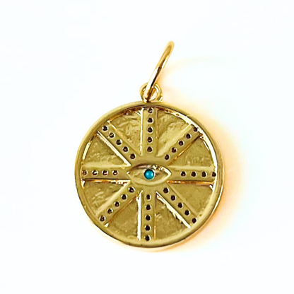 CZ Turquoise Evil Eye Symbols Round Pendant back on a white background