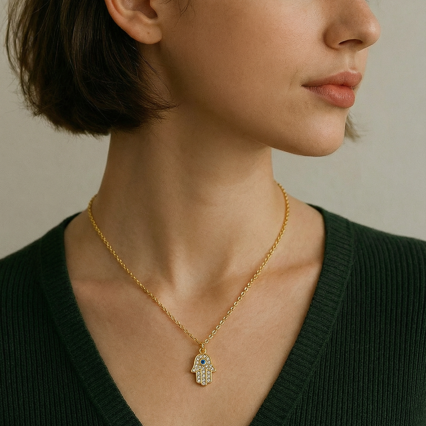 Mini Hamsa Hand Necklace | Blue & Clear CZ | 14K Gold Plated Necklace