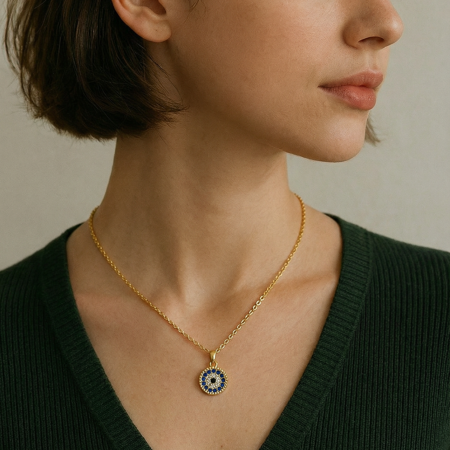Deep Blue CZ Disk Pendant Necklace | Gold Mini Round Pendant Australia Necklace