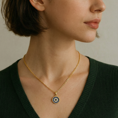 Deep Blue CZ Disk Pendant Necklace | Gold Mini Round Pendant Australia Necklace