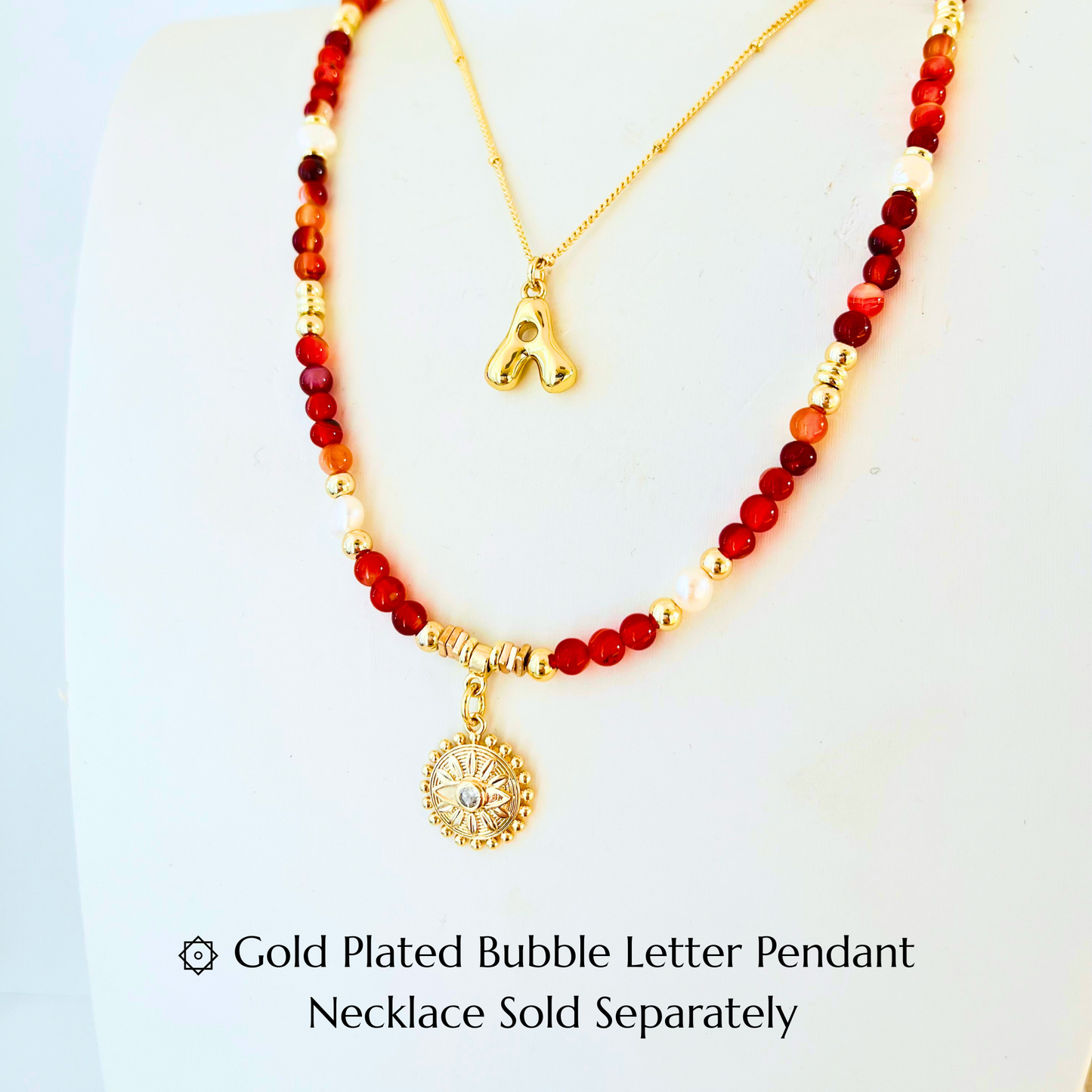 Carnelian Gemstone & Evil Eye Flower Pendant Necklace | Gold Evil Eye & Nugget Pearls Gemstone Necklace