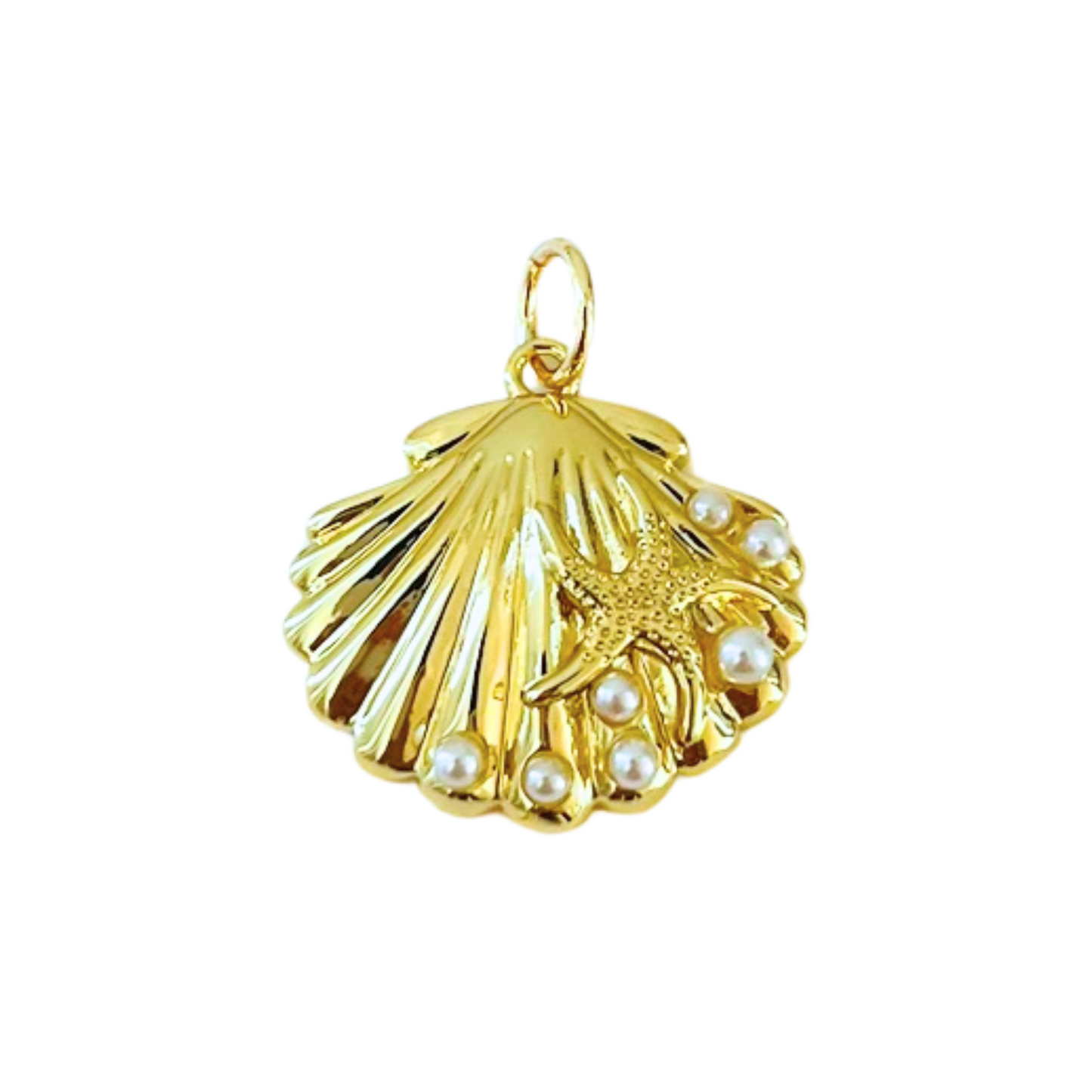 Gold pendant shaped like a shell with pearls and a starfish on a white background