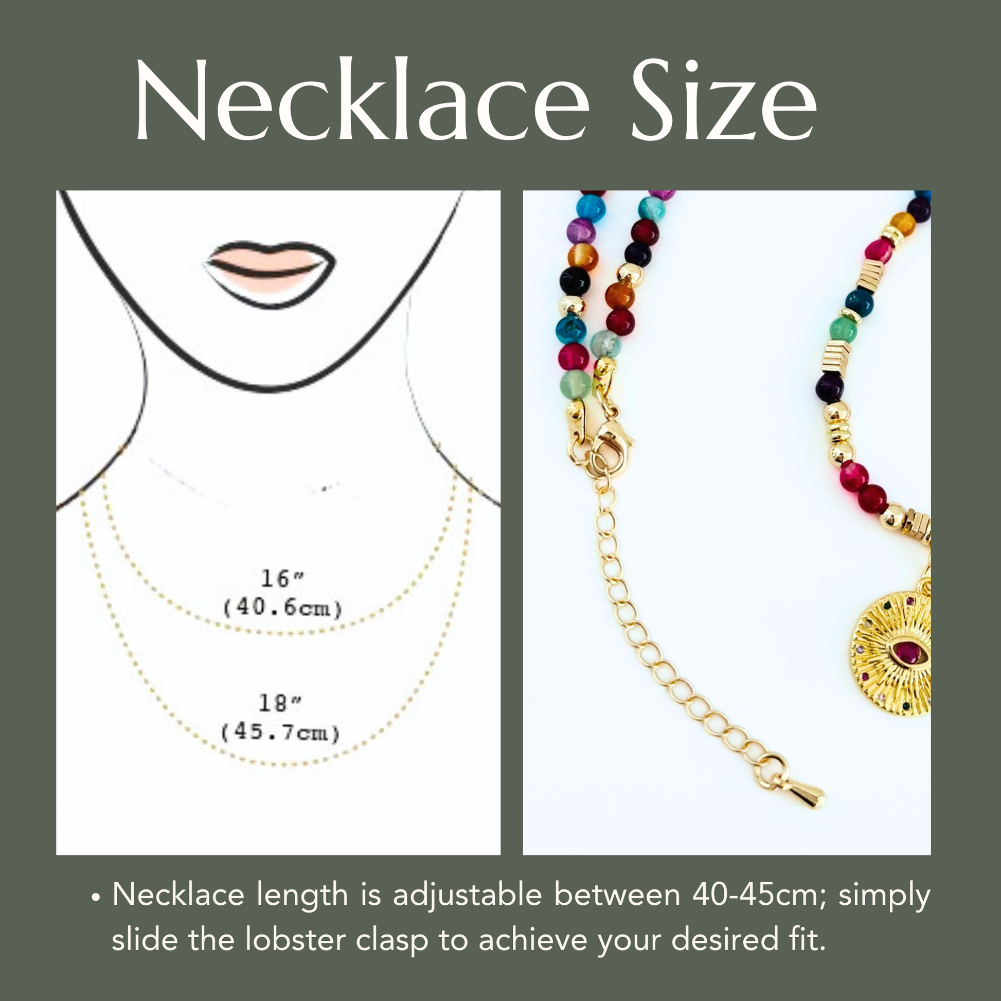 Necklace size chart with adjustable length measurement and colorful beaded necklace.