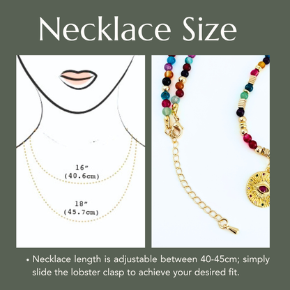 Necklace size chart with adjustable length measurement and colorful beaded necklace.