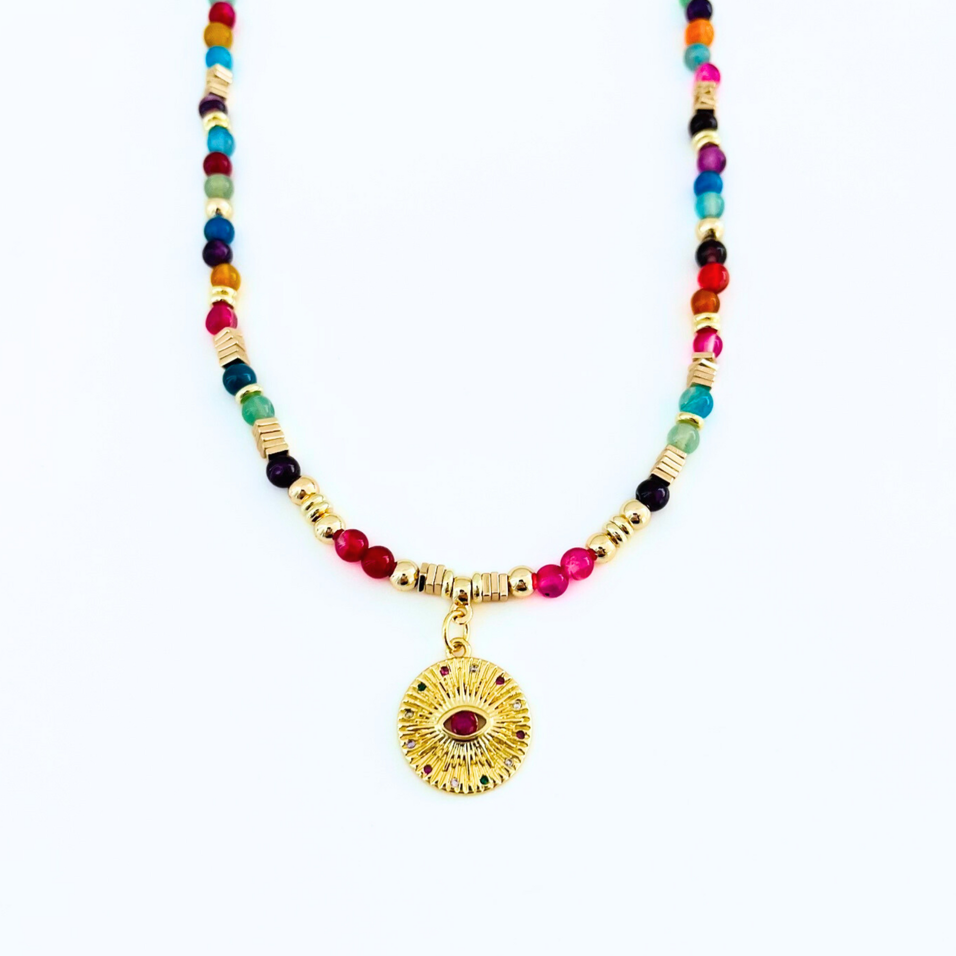 Handmade Colorful Agate Evil Eye Pendant Gemstone Necklace on a white background