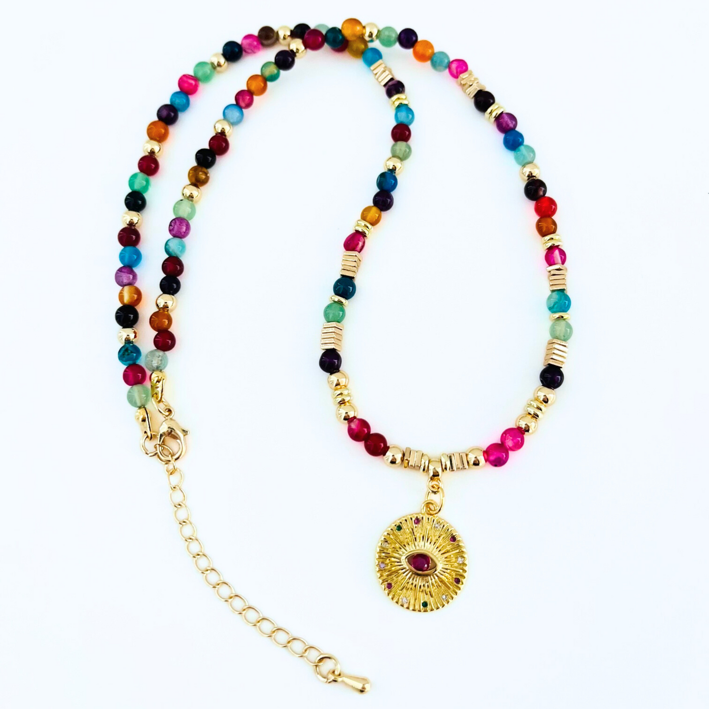 Handmade Colorful Agate Evil Eye Pendant Gemstone Necklace
 on a white background