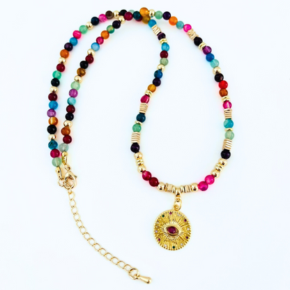 Handmade Colorful Agate Evil Eye Pendant Gemstone Necklace
 on a white background