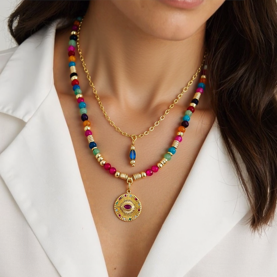 Handmade Colorful Agate Evil Eye Pendant Gemstone Necklace on a women wearing a white blazer.