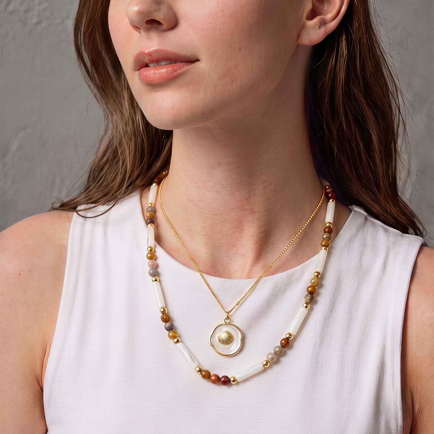 Crazy Lace Agate & Natural Shell Beaded Necklace | Layering Gemstone Choker Gemstone Necklace