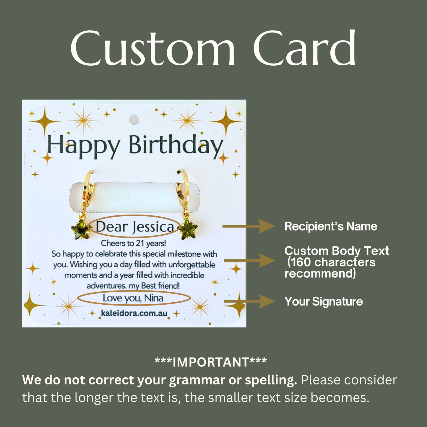 Custom birthday card with text fields for recipient's name, custom body text, and signature on a gray background.