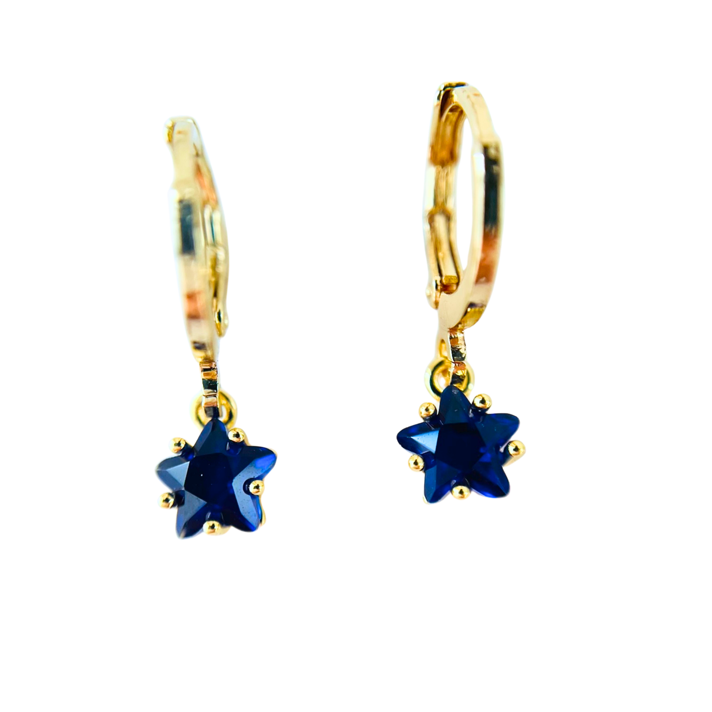 September Birthstone Sapphire CZ Star Hoop Earrings on a white background