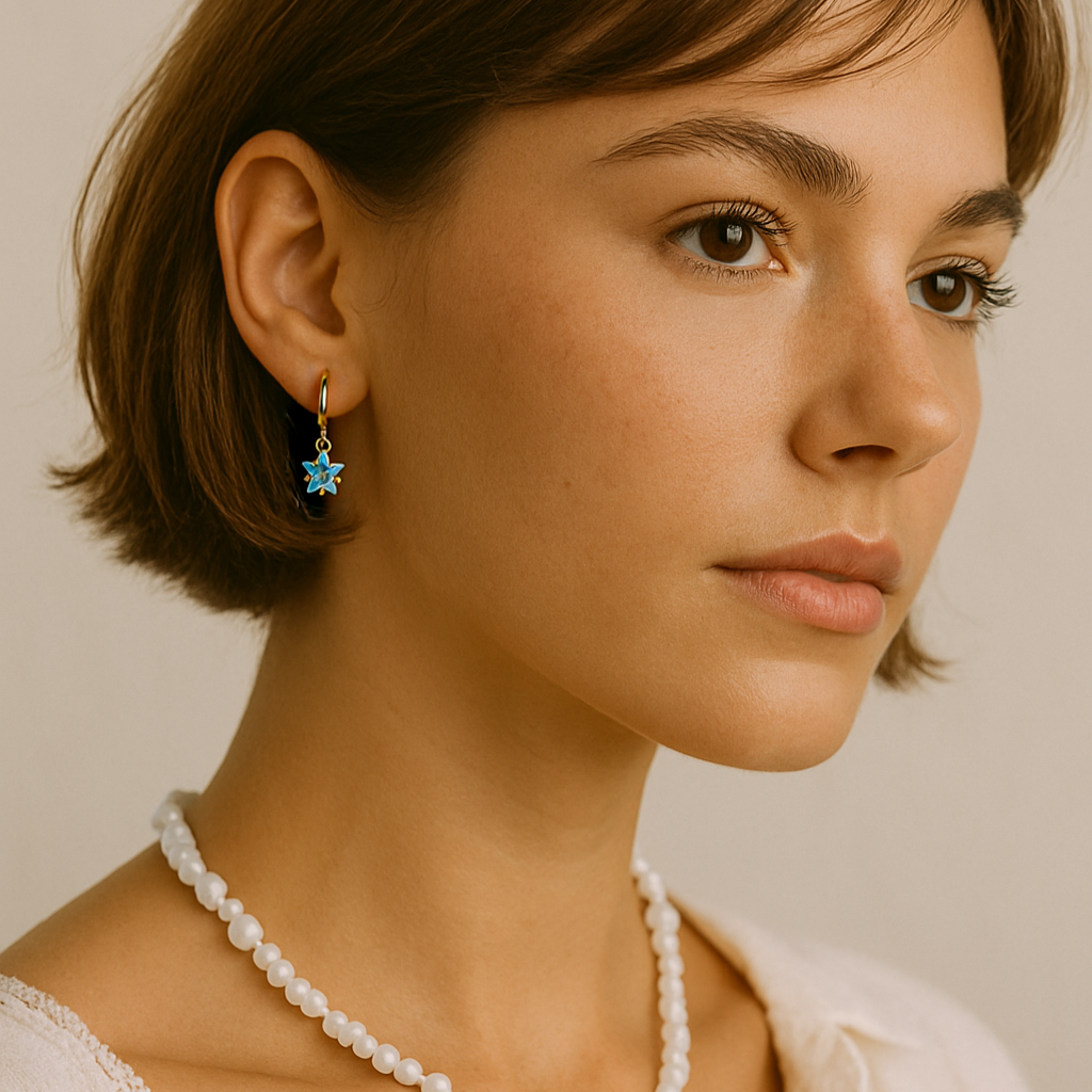 Woman wearing a necklace and earrings against a neutral background