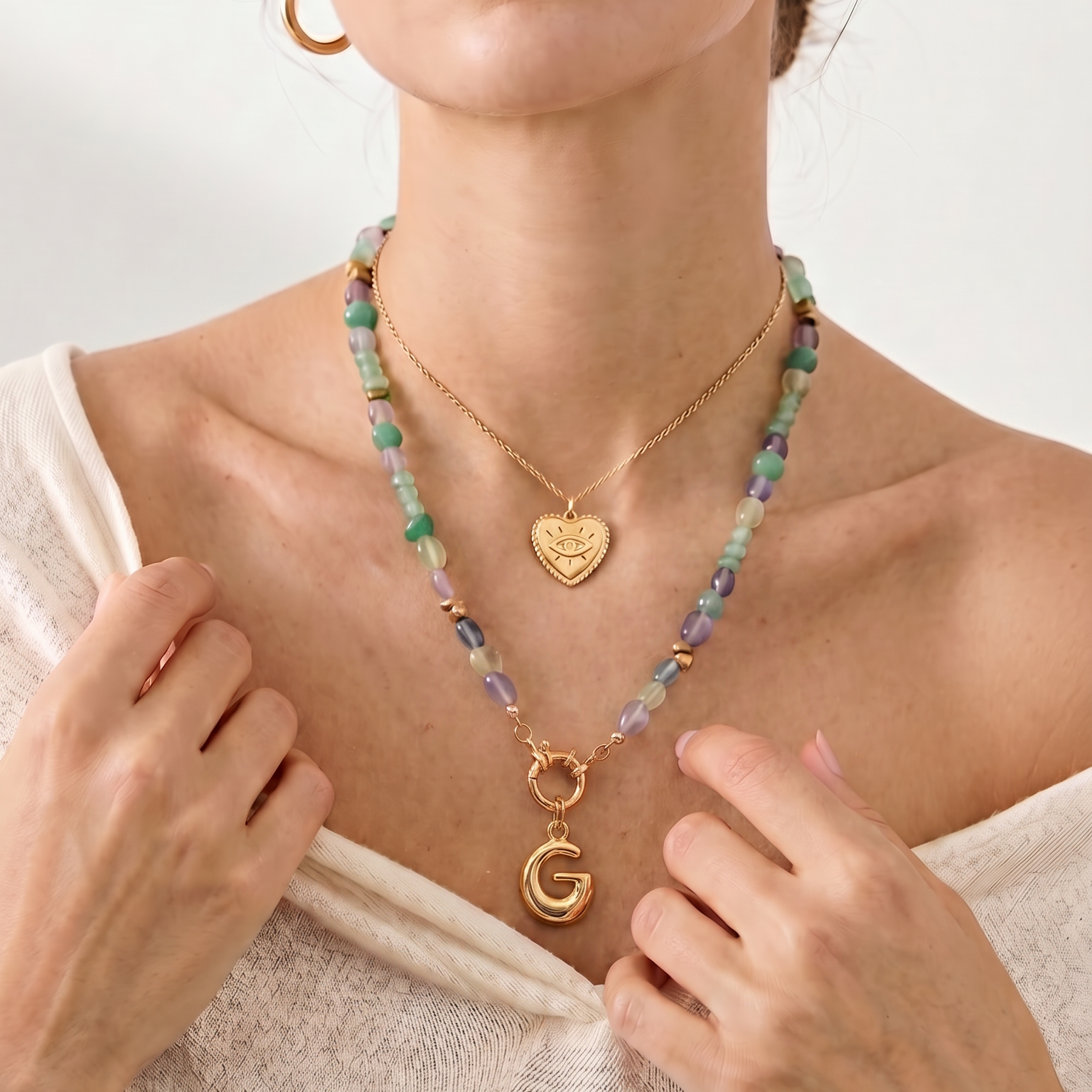 14K Gold Plated Bubble Letter Initial Pendant Gemstone Necklace