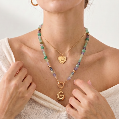 14K Gold Plated Bubble Letter Initial Pendant Gemstone Necklace