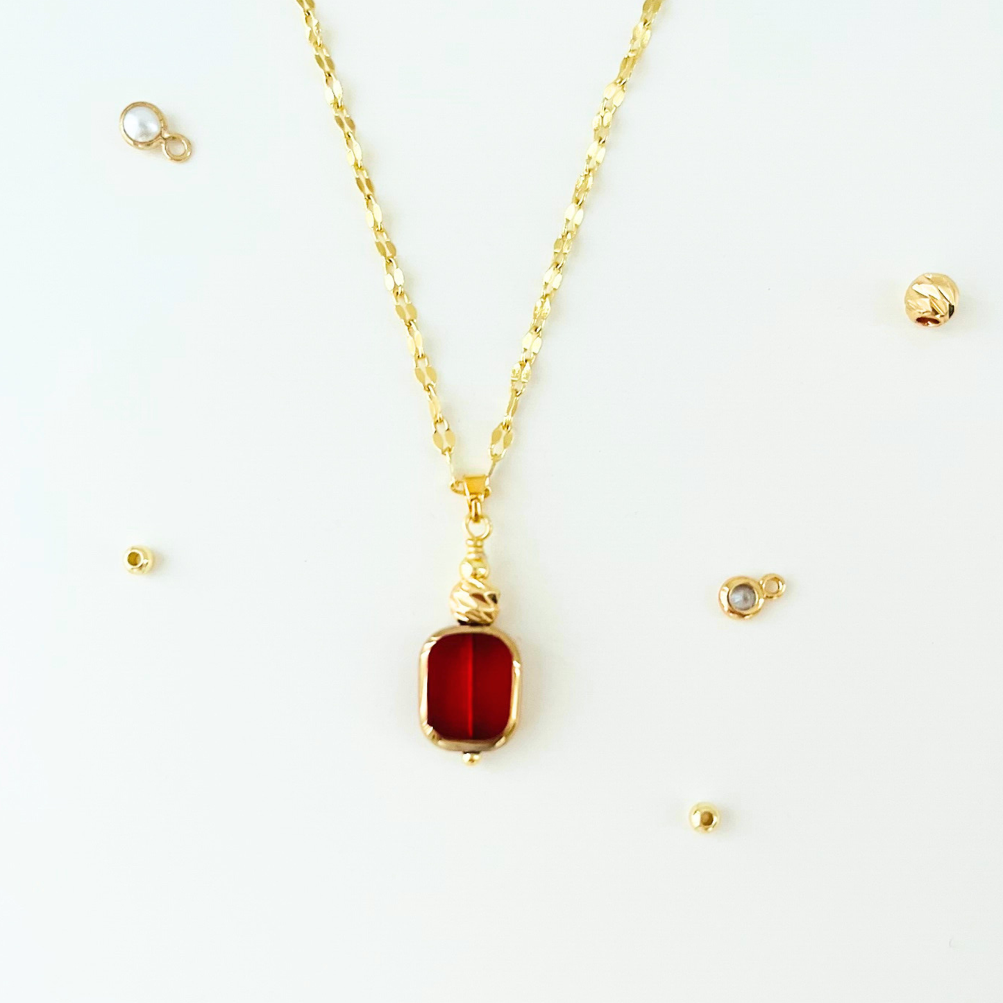 Red Glass Bead Pendant Necklace - 3 Chain Styles Available