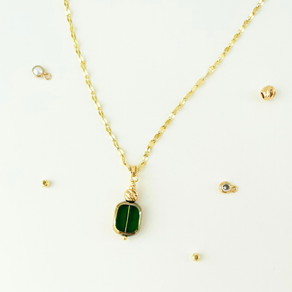 Green Glass Bead Pendant Necklace - 3 Chain Styles Available