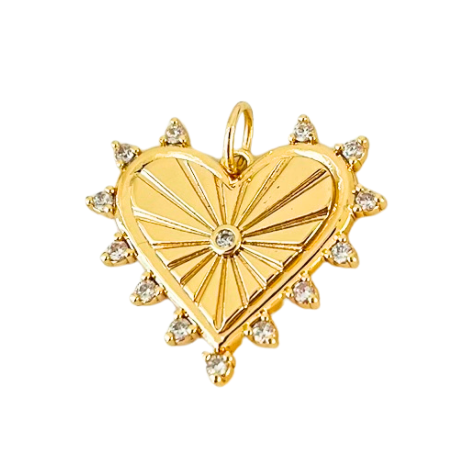Gold heart-shaped pendant with clear CZ accents on a white background