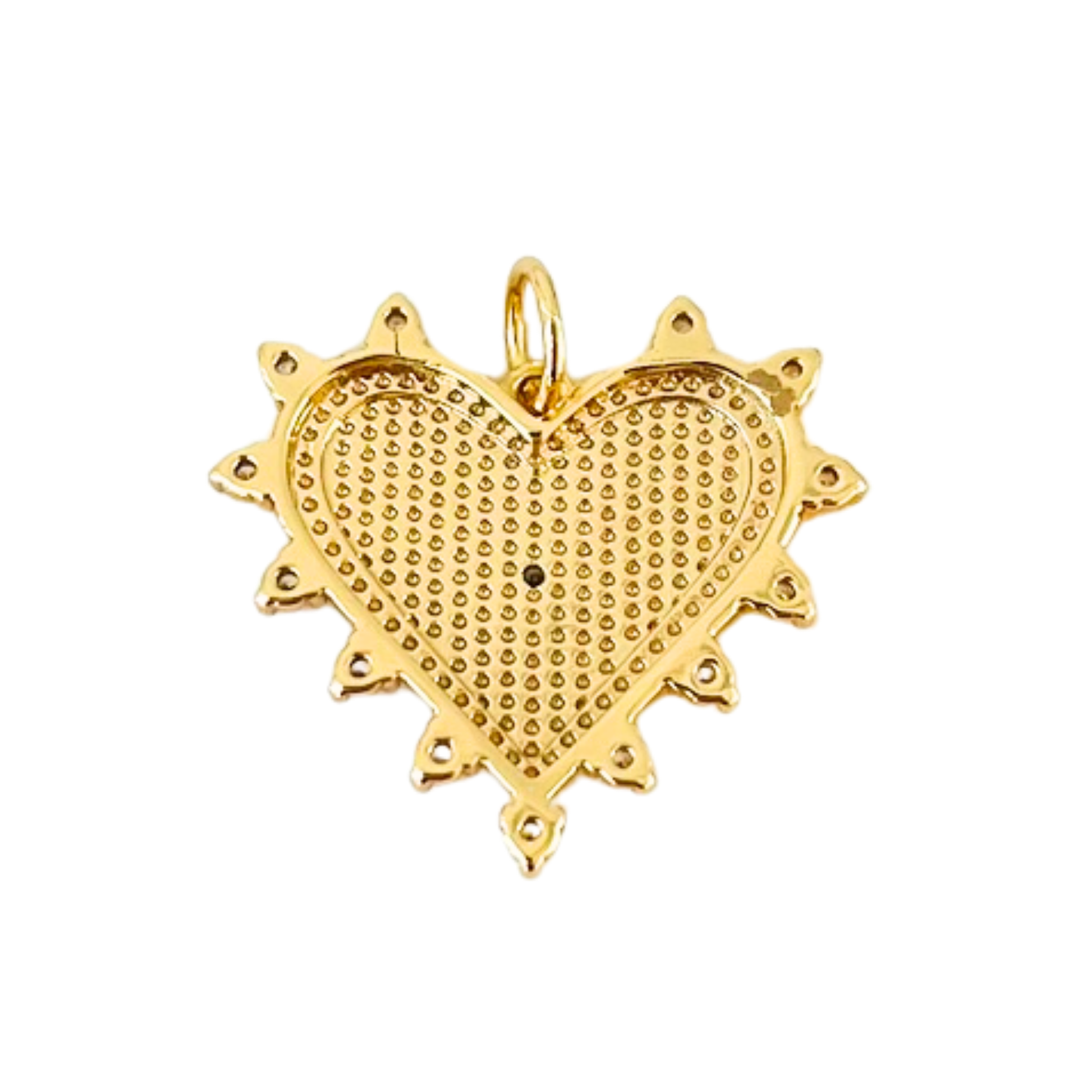 Gold heart-shaped pendant BACK with textured surface on a white background