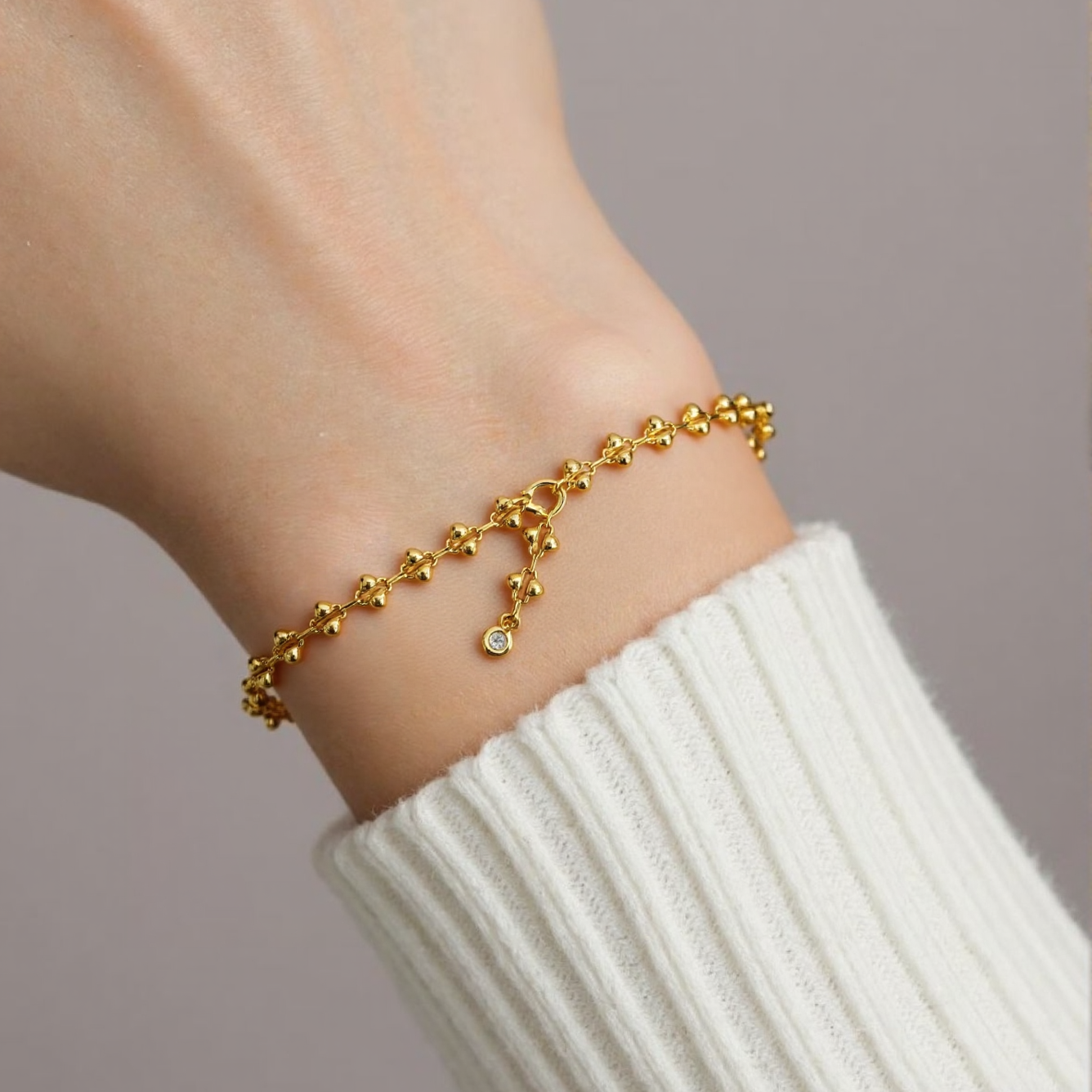 Gold Plated Decorative Chain Bracelet with CZ Charm - Lace Style
