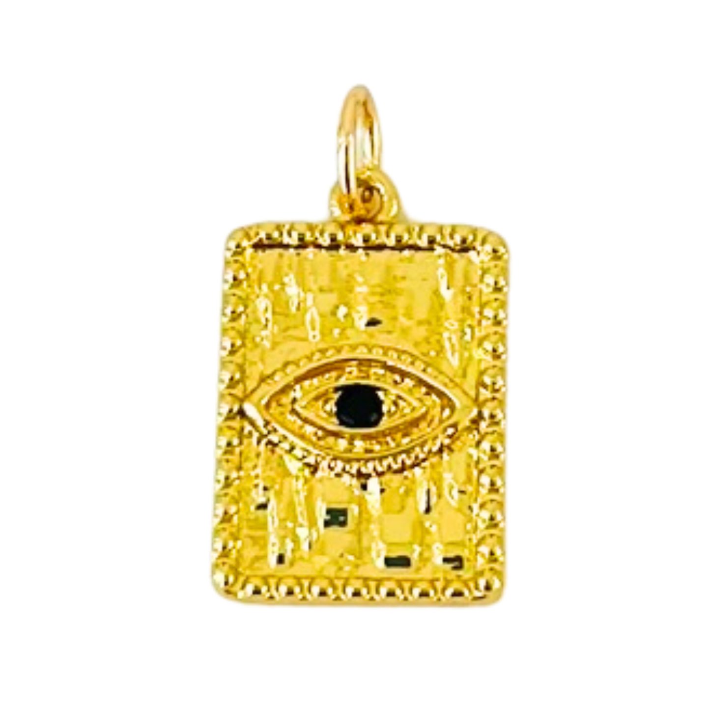 Gold Evil Eye Rectangle pendant with an eye design on a white background
