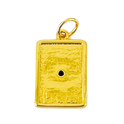 Gold Evil Eye Rectangle pendant back with a textured surface on a white background