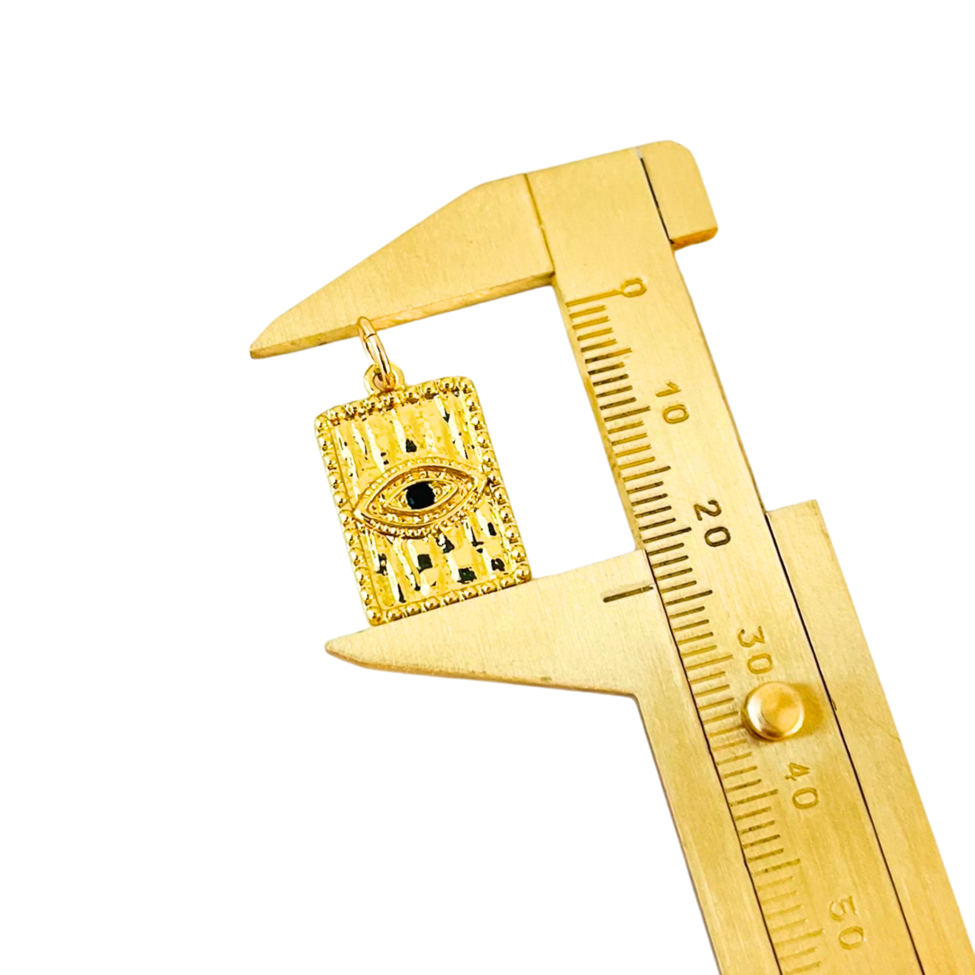 Gold Evil Eye Rectangle pendant with eye design held by a gold caliper on a white background
