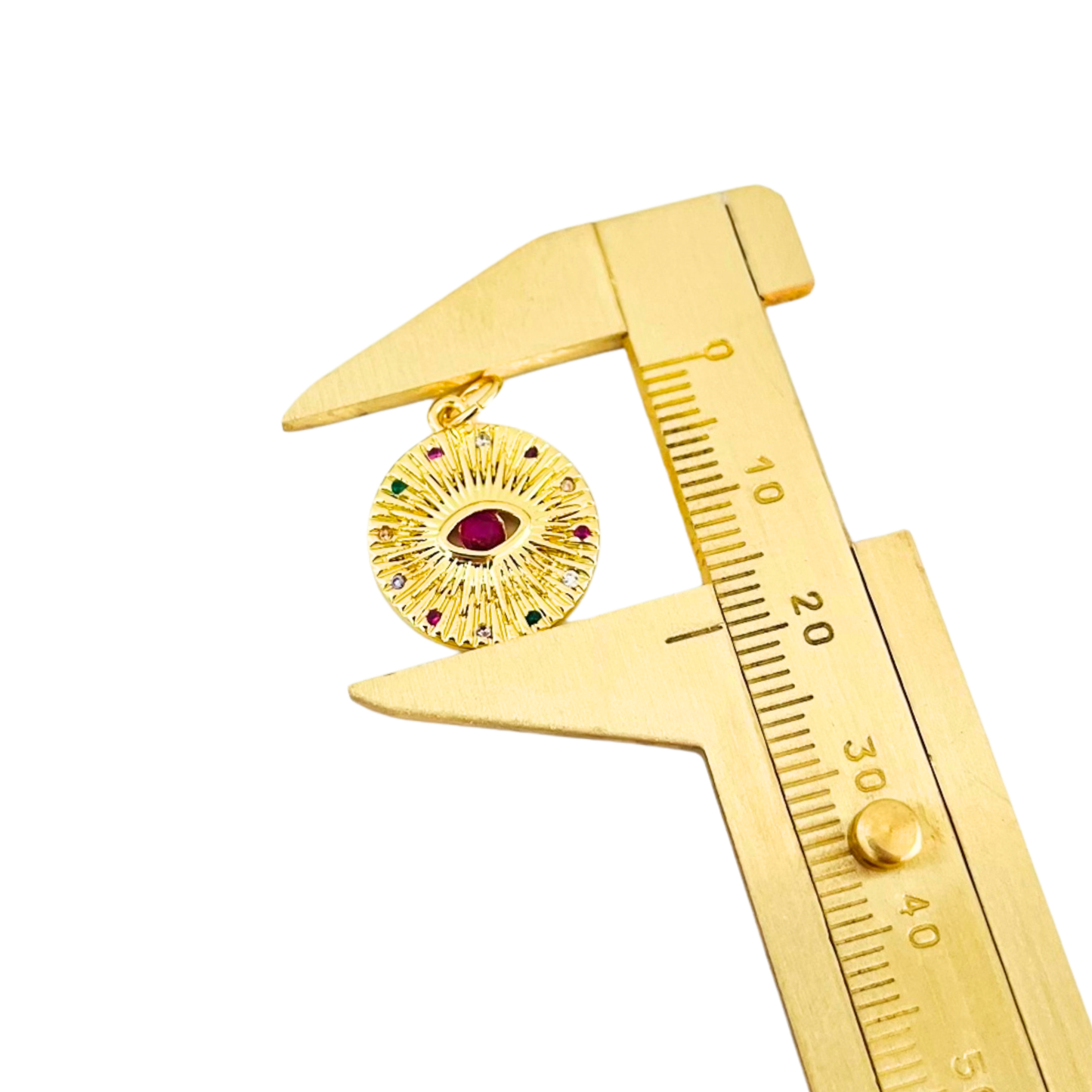 Gold caliper measuring with Magenta CZ Evil Eye Gold Plated Round Pendant with on a white background