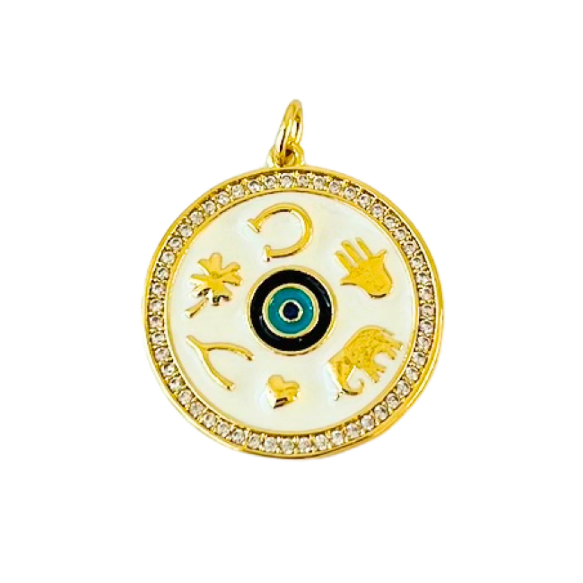 Gold Plated Big Round pendant with various symbols White Enamel 
