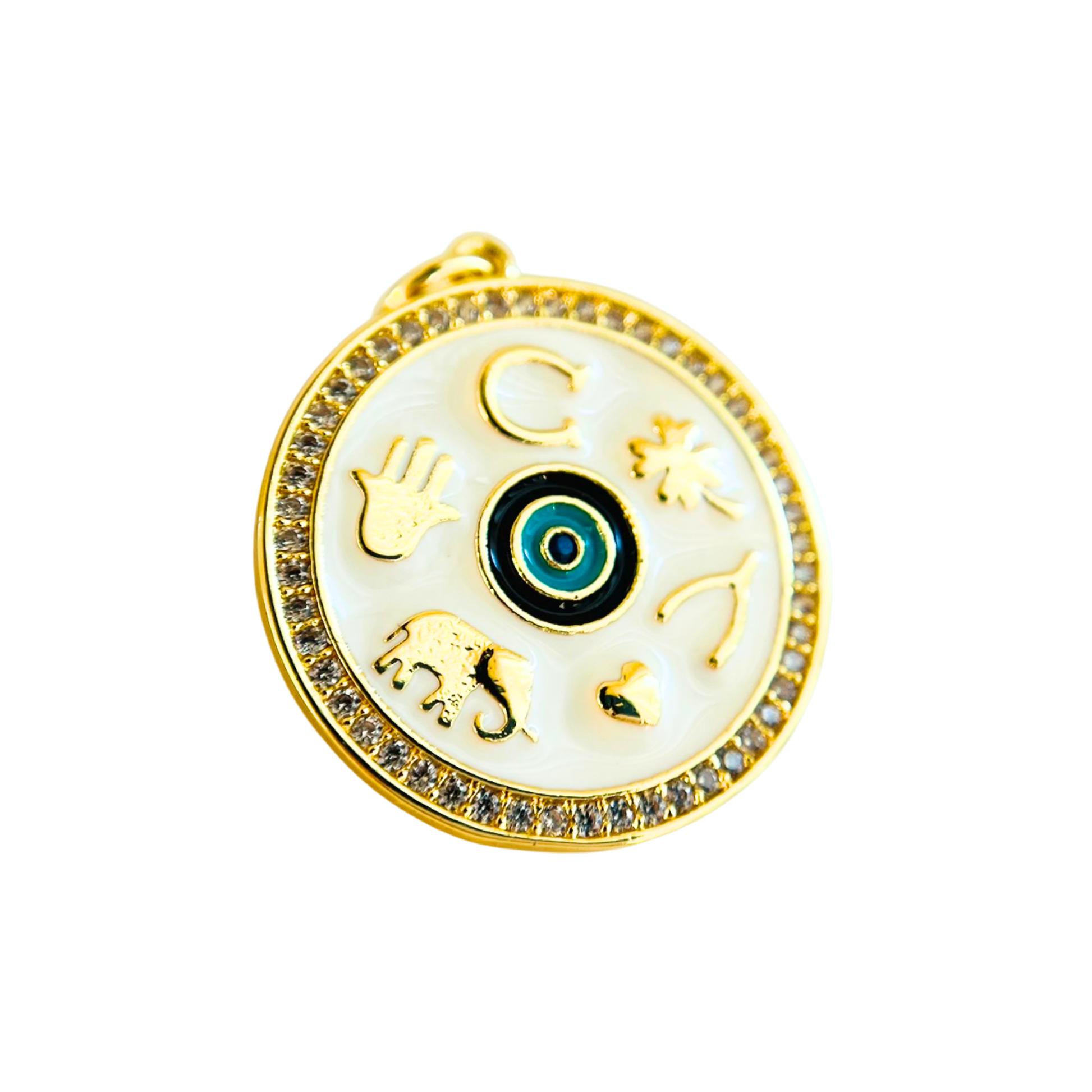 Gold Plated  pendant with symbols and a blue eye design in the middle on a white Enamel background Decorative around CZ