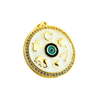 Gold Plated  pendant with symbols and a blue eye design in the middle on a white Enamel background Decorative around CZ