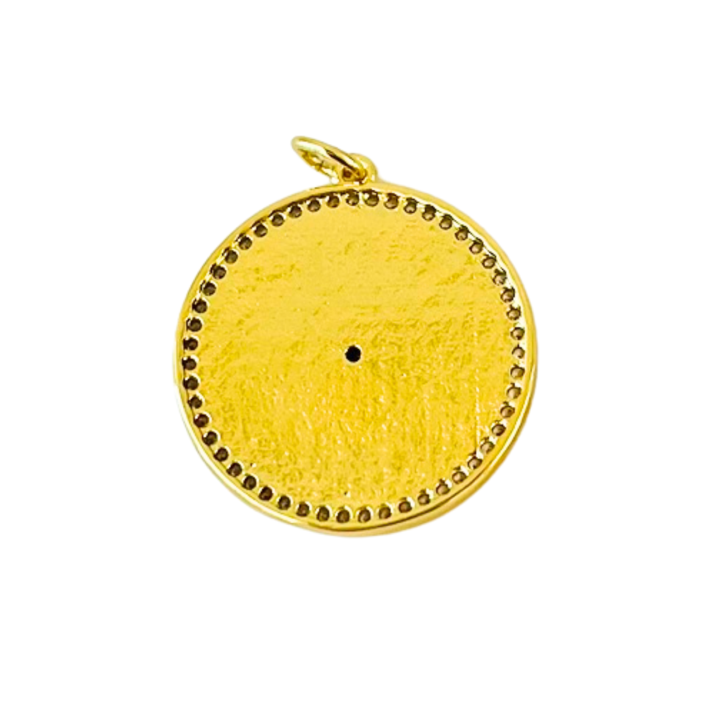 Gold Plated Symbols round pendant back with textured surface on a white background