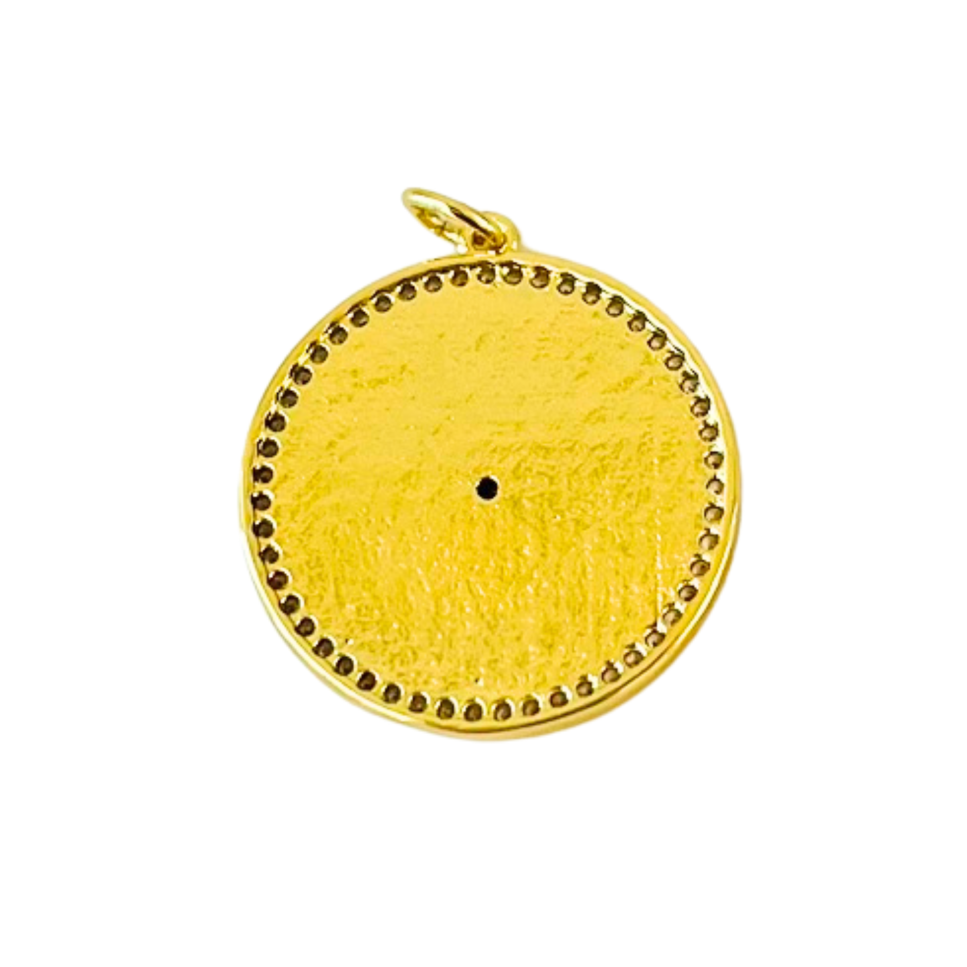 Gold Plated Symbols round pendant back with textured surface on a white background
