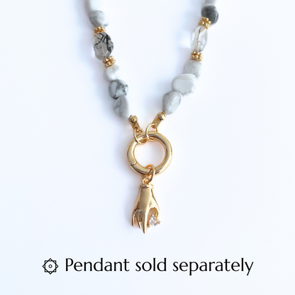 Natural Howlite Gemtsone Necklace with gold plated Canariner clasp and Hand Heart CZ Pendant  on a white background, with text 'Pendant sold separately'.