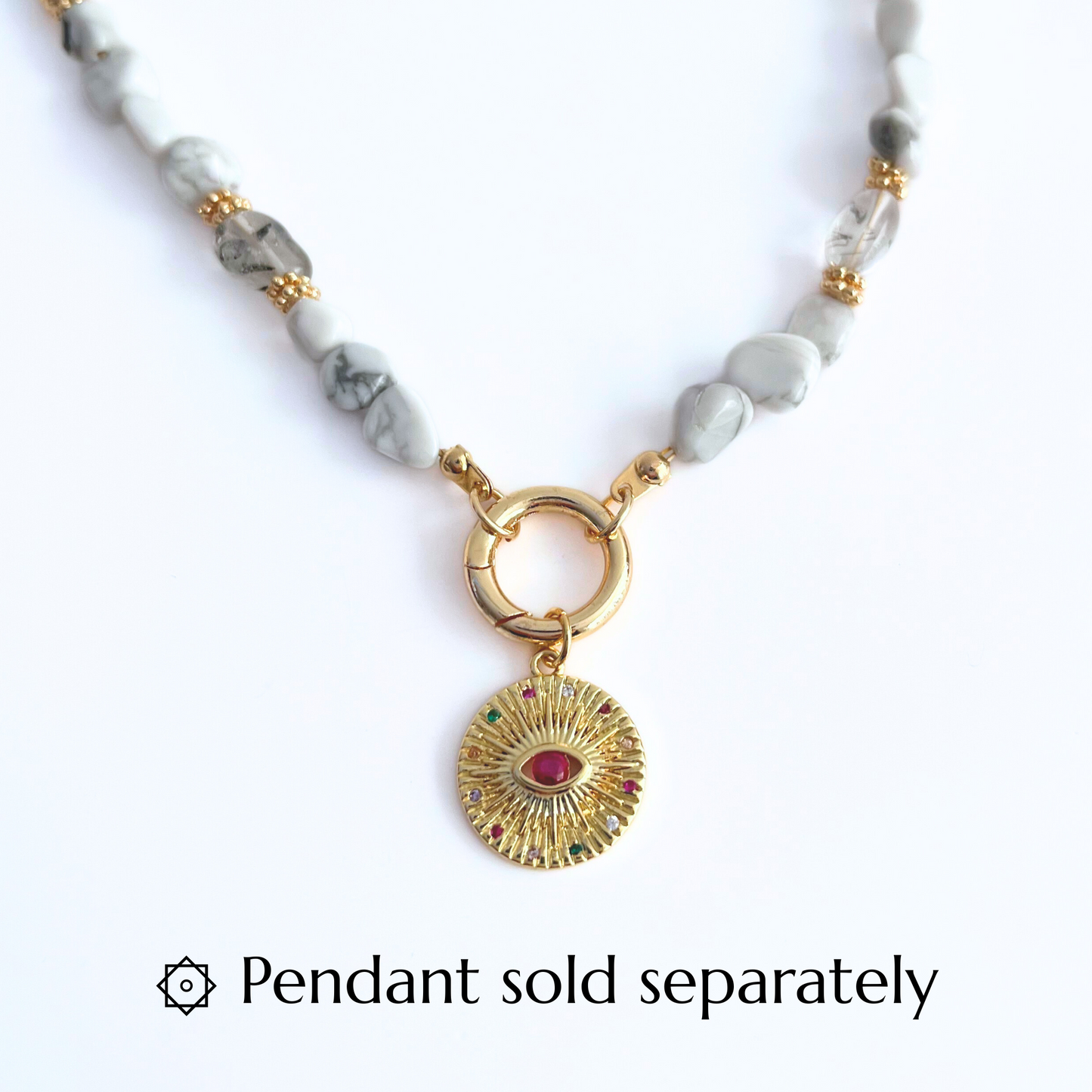Natural Howlite Gemtsone Necklace with gold plated Canariner Clasp and  Evil Eye Round Pendant on a white background, with text 'Pendant sold separately'.