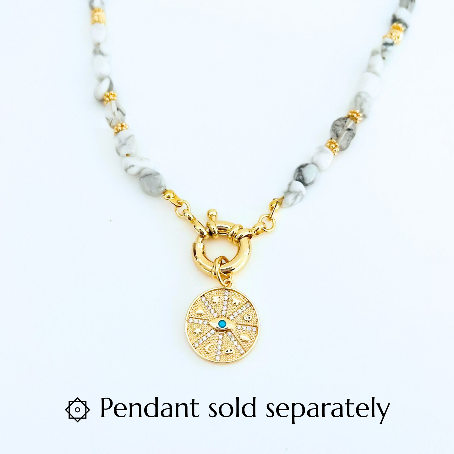 Natural Howlite Gemtsone Necklace with gold plated bolt clasp and CZ Turquoise Evil Eye Symbols Round pendant on a white background, with text 'Pendant sold separately'.