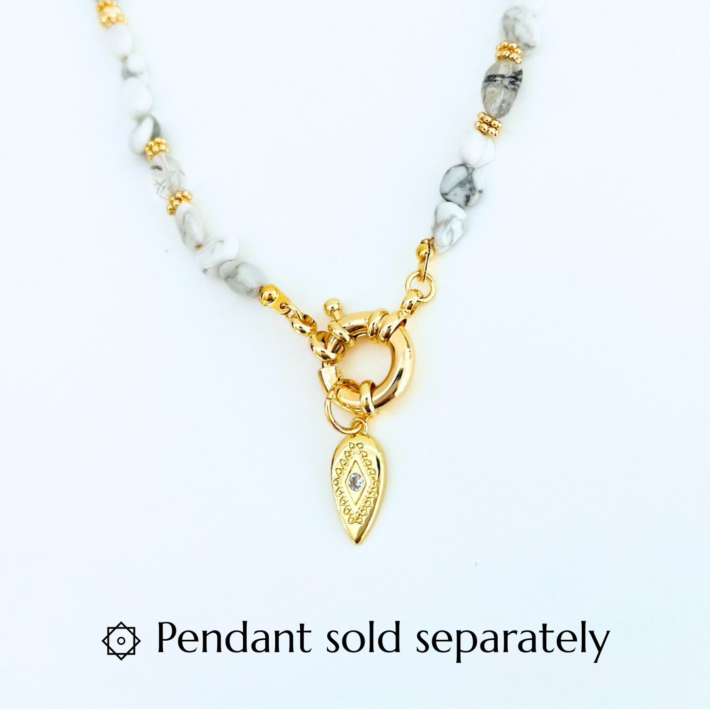natural Howlite Gemtsone Necklace with gold plated bolt clasp and pendant on a white background, with text 'Pendant sold separately'.