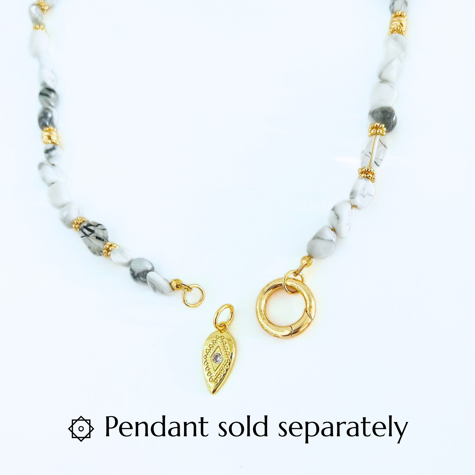 Natural Howlite Gemtsone Necklace with gold plated Canariner Clasp and pendant on a white background, with text 'Pendant sold separately'.