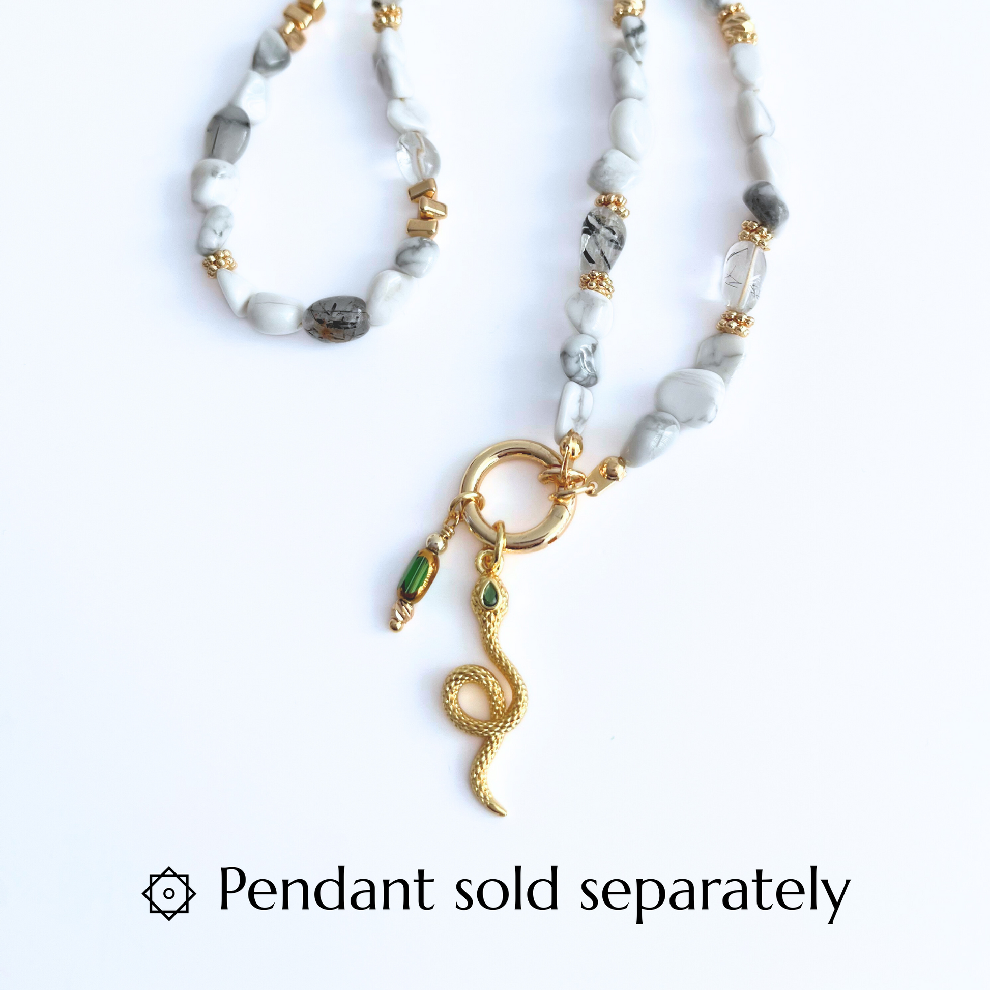 Natural Howlite Gemtsone Necklace with gold plated Canariner Clasp and Snake Pendant on a white background, with text 'Pendant sold separately'.