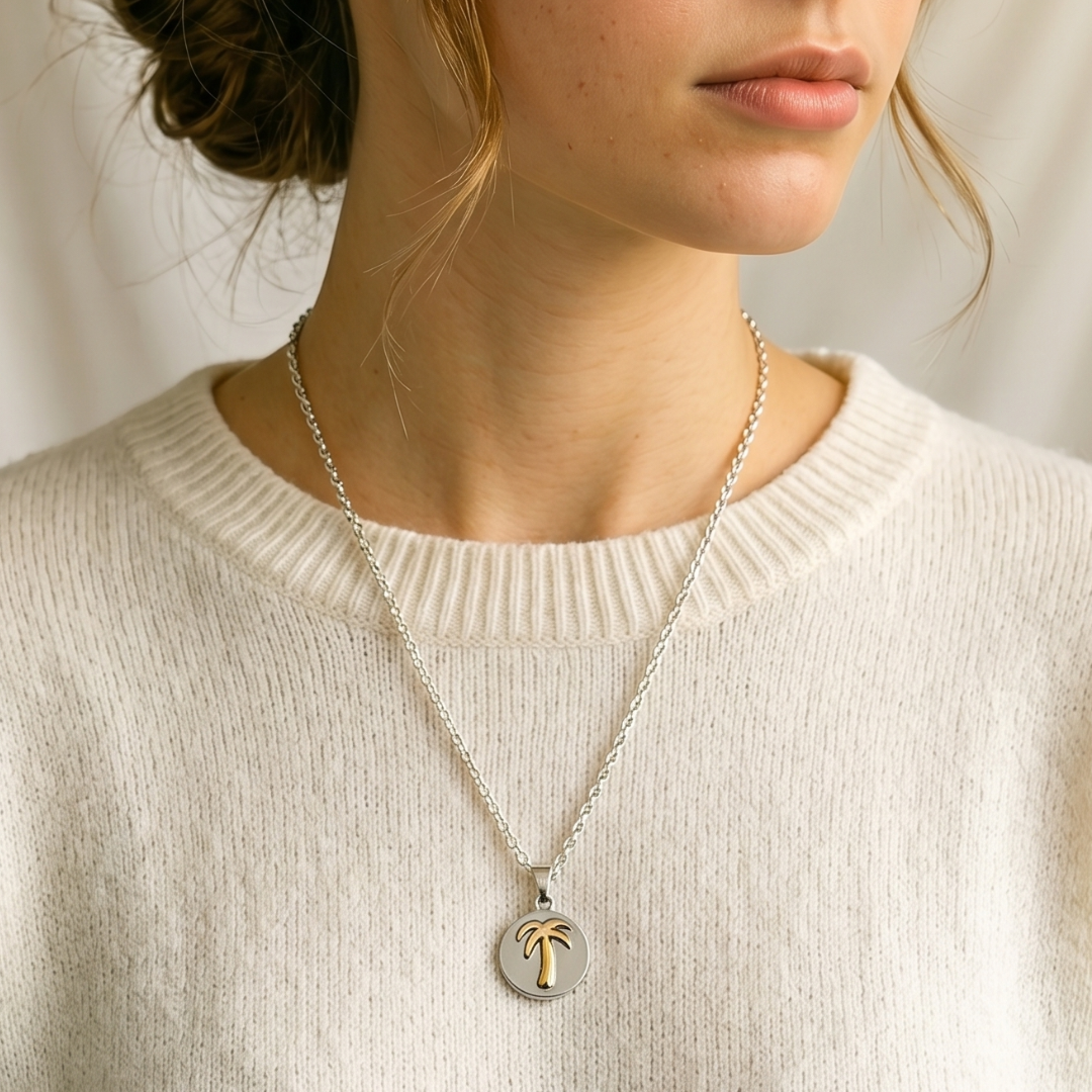 Two-Tone Palm Tree Necklace | Silver Plated Chain with Water-Resistant Pendant Silver Plated Necklace