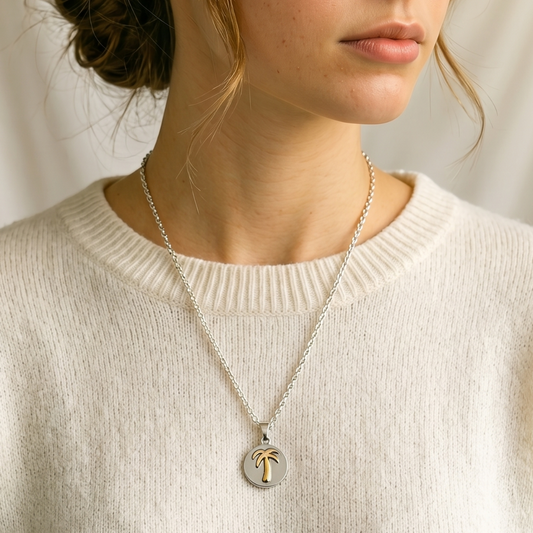 Two-Tone Palm Tree Necklace | Silver Plated Chain with Water-Resistant Pendant Silver Plated Necklace